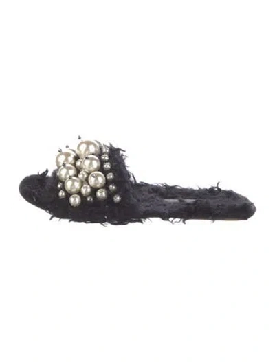 Pre-owned Miu Miu Faux Pearl Accents Faux Fur Slides In Black