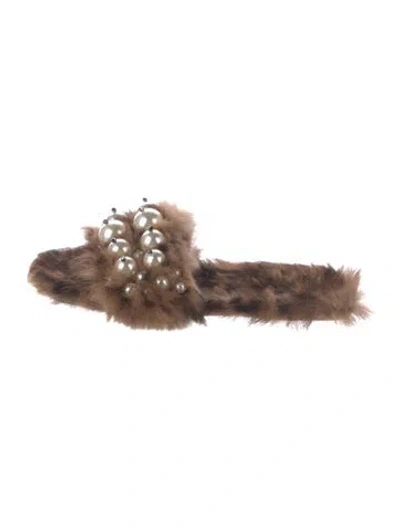 Pre-owned Miu Miu Faux Pearl Accents Fur Slides In Brown
