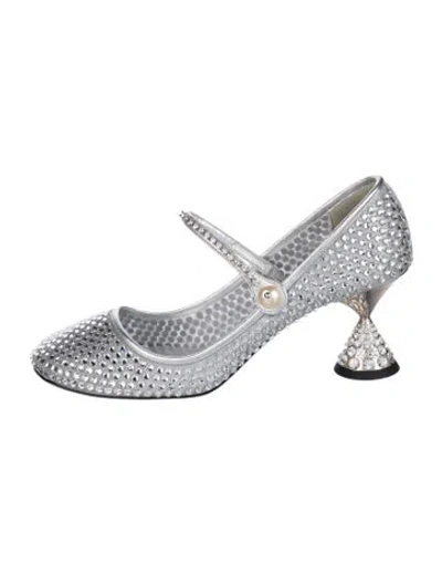 Pre-owned Miu Miu Faux Pearl Accents Mesh Pumps In Metallic/silver