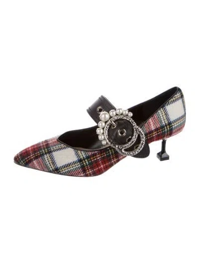Pre-owned Miu Miu Faux Pearl Accents Plaid Print Pumps In Neutral