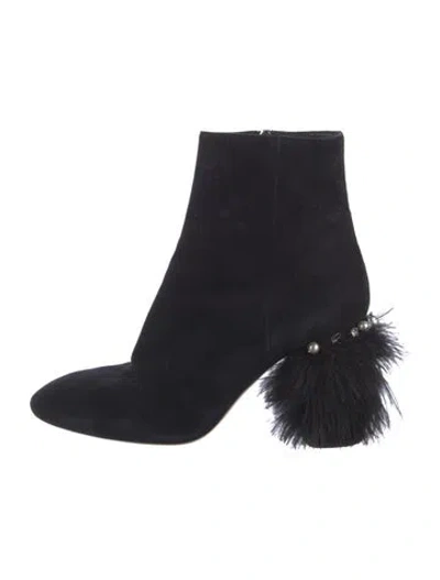 Pre-owned Miu Miu Faux Pearl Accents Suede Boots In Black