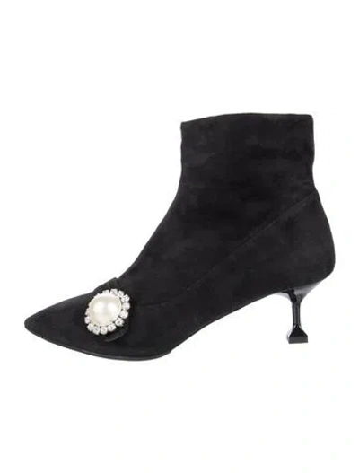 Pre-owned Miu Miu Faux Pearl Accents Suede Boots In Black