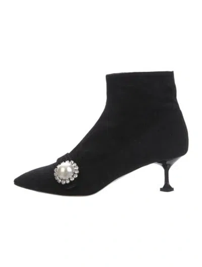 Pre-owned Miu Miu Faux Pearl Accents Suede Boots In Black