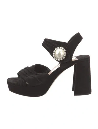 Pre-owned Miu Miu Faux Pearl Accents Suede Sandals In Black