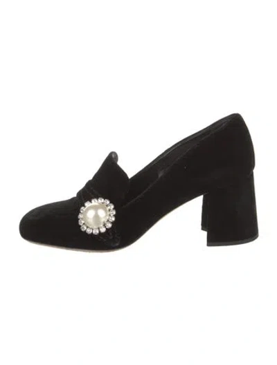 Pre-owned Miu Miu Faux Pearl Accents Velvet Pumps In Black
