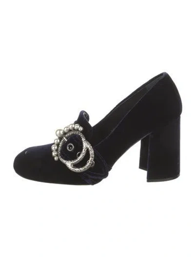 Pre-owned Miu Miu Faux Pearl Accents Velvet Pumps In Blue