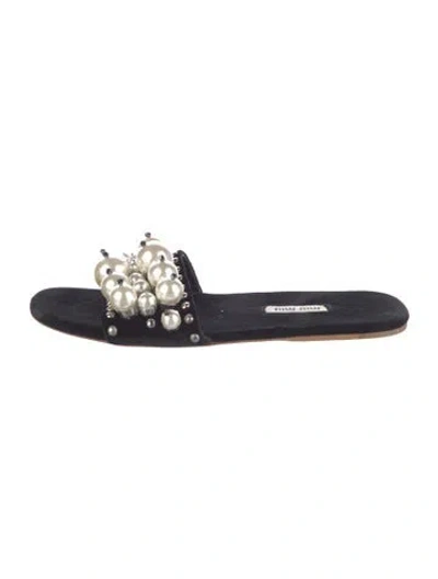 Pre-owned Miu Miu Faux Pearl Accents Velvet Slides In Black