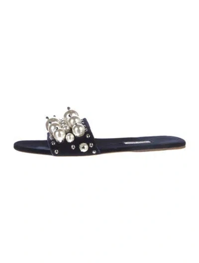 Pre-owned Miu Miu Faux Pearl Accents Velvet Slides In Blue