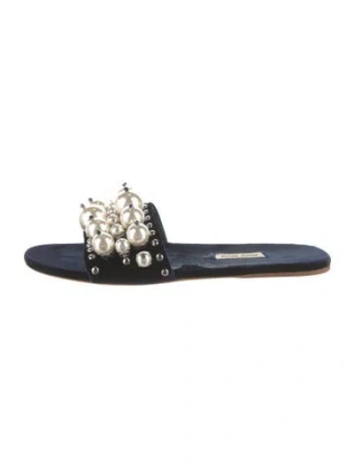 Pre-owned Miu Miu Faux Pearl Accents Velvet Slides In Blue