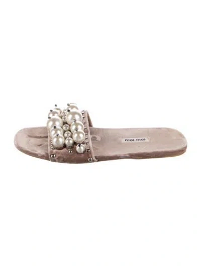 Pre-owned Miu Miu Faux Pearl Accents Velvet Slides In Pink