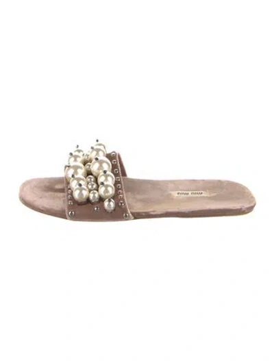 Pre-owned Miu Miu Faux Pearl Accents Velvet Slides In Pink