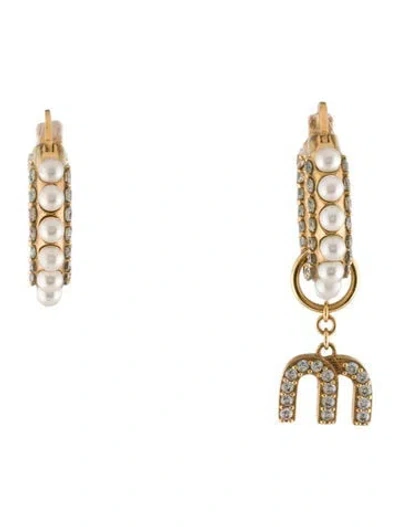 Pre-owned Miu Miu Faux Pearl & Crystal Asymmetric Hoop Earrings In Multi