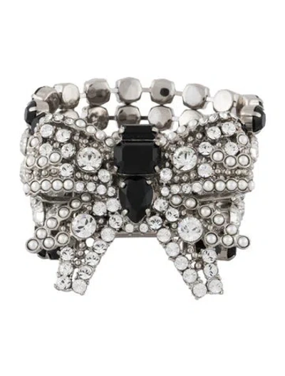 Pre-owned Miu Miu Faux Pearl & Crystal Bow Bangle Bracelet, 6.25" In Multicolor