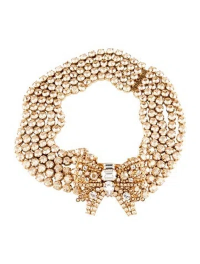 Pre-owned Miu Miu Faux Pearl & Crystal Bow Collar Necklace, 18" In Clear/grey/yellow