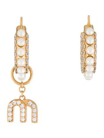 Pre-owned Miu Miu Faux Pearl & Crystal Hoop Drop Earrings In Multi