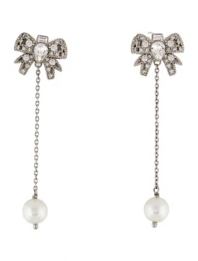 Pre-owned Miu Miu Faux Pearl & Crystal Micro Bow Crystal Drop Earrings In Multi