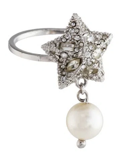 Pre-owned Miu Miu Faux Pearl & Crystal Star Ring In Clear/white