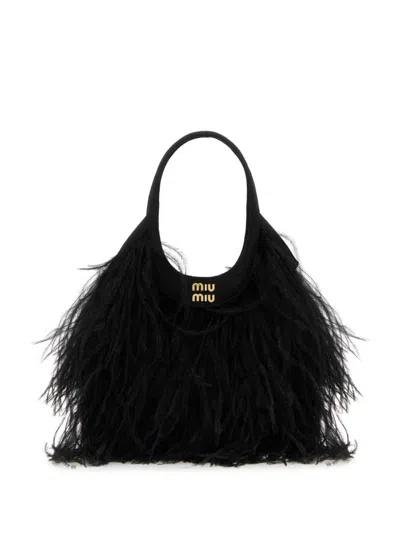 Miu Miu Feather-detail Satin Handbag In Black