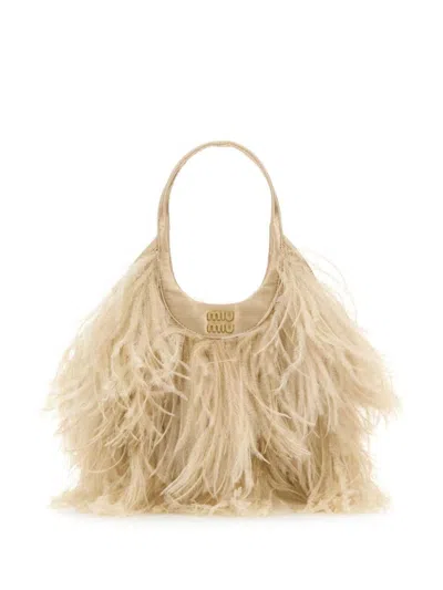 Miu Miu Feather-detail Satin Handbag In Neutrals