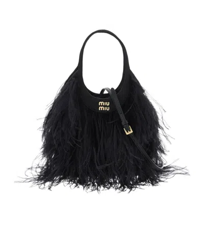 Miu Miu Feather Detail Shoulder Bag In Black