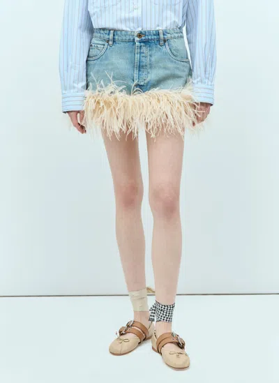 Miu Miu Feather-trimmed Denim Mini Skirt In Blue