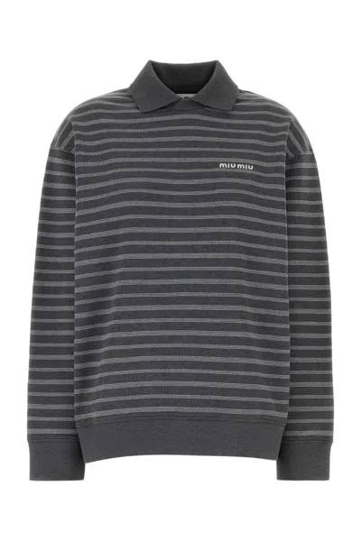 Miu Miu Women Grey Stripes Shirt Collar Sweatshirt In Multi