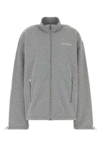Miu Miu Melange Grey Cotton Oversize Sweatshirt In Gray