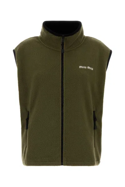 Miu Miu Pile Vest Sleeveless High Collar Pockets In Green