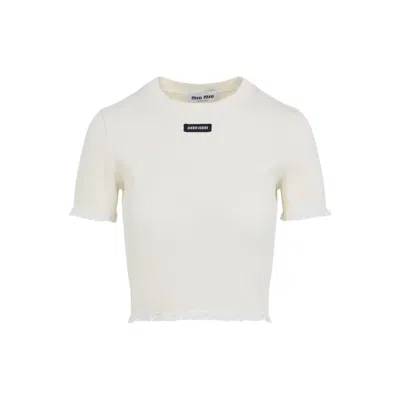 Miu Miu Fitted Nude T-shirt With Lace Trim In White