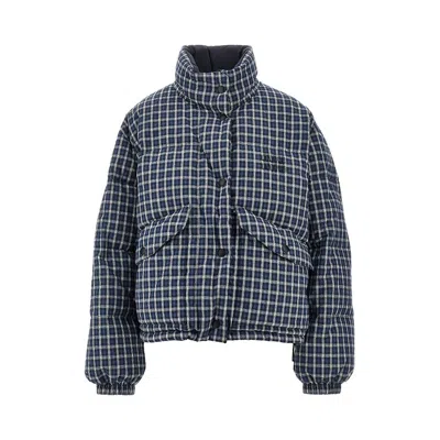Miu Miu Flannel And Tec Pongé Reversible Down Jacket In Blue
