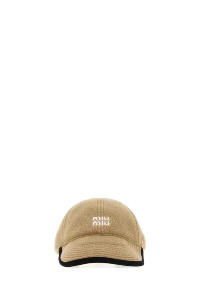 Miu Miu Flannel Baseball Cap In Camel