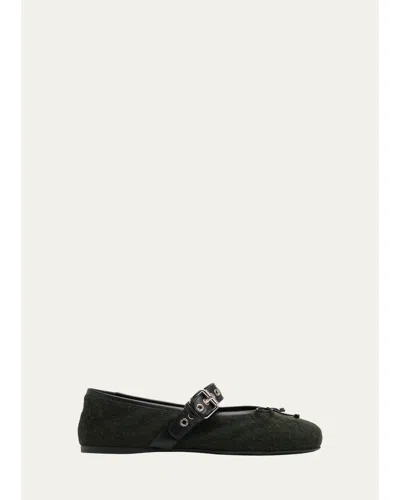 Miu Miu Flannel Leather-strap Ballerina Flats In Loden