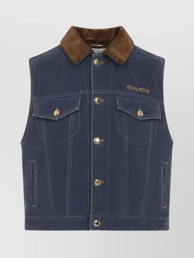 Miu Miu Flap Pocket Denim Jacket With Flock Collar In Blue