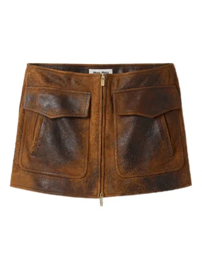 Miu Miu Flap-pocket Mini Skirt In Brown