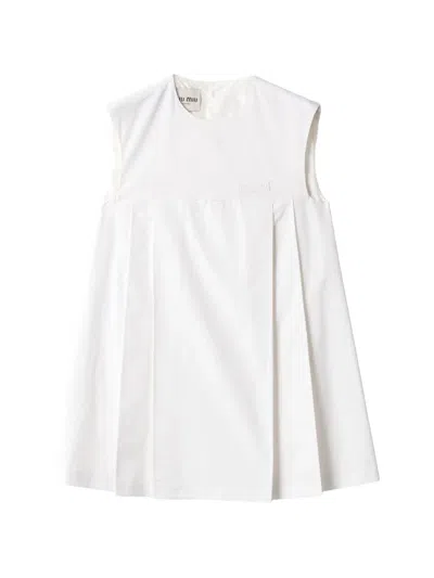 Miu Miu Flared Logo Cotton Mini Dress In White