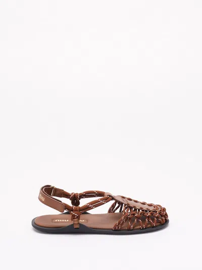 Miu Miu Flat Cord And Leather Sandals In Multi