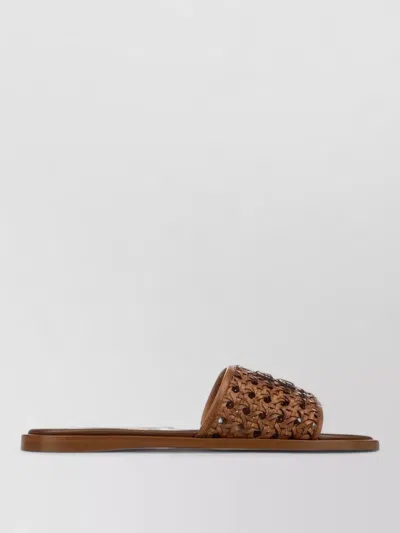 Miu Miu Flat Sole Open Toe Woven Slides In Brown