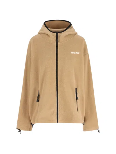Miu Miu Beige Logo Zip Up Hoodie In Nude