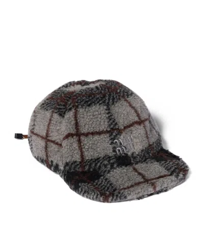 Miu Miu Fleece Check Baseball Cap In Brown