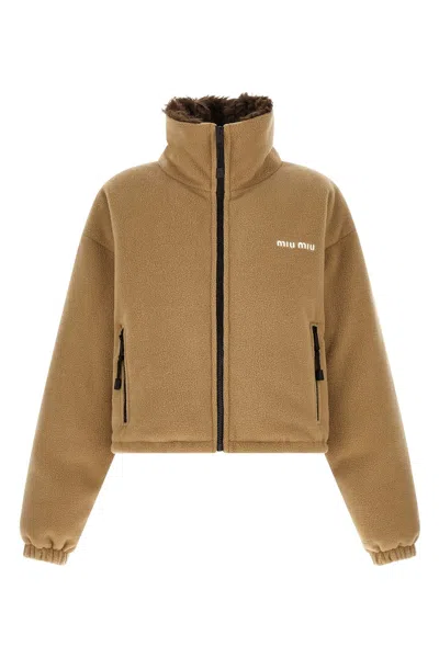 Miu Miu Fleece Down Jacket In Beige