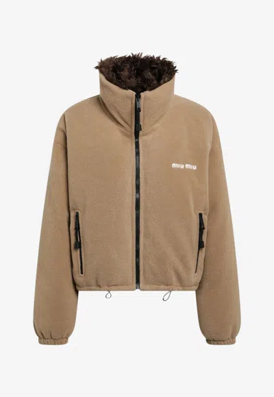 Miu Miu Fleece Down Jacket In Beige