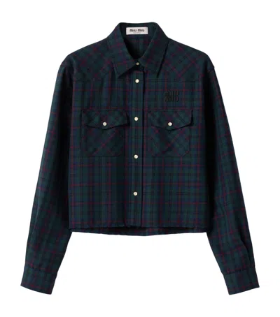Miu Miu Fleece Plaid Shirt In Blue