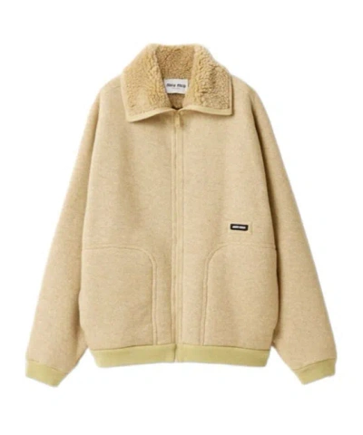 Miu Miu Zip-up Shearling Jacket In Neutral