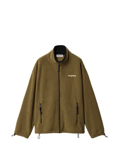 Miu Miu Pile Jacket High Collar Two Pockets In Green