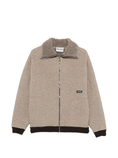 Pre-owned Miu Miu Fleece-texture Logo-patch Jacket In Neutrals