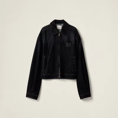 Miu Miu Flocked Chambray Blouson Jacket In Black