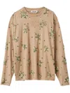 Miu Miu Garment-dyed Long-sleeve Jersey T-shirt With Embroidery In Neutrals