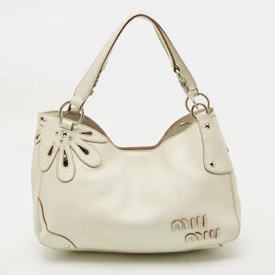 Pre-owned Miu Miu Floral Cut Off White Leather Hobo