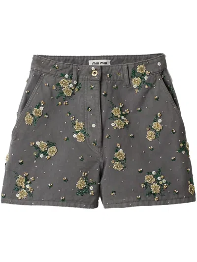 Miu Miu Floral-embellished Bermuda Shorts In Grey