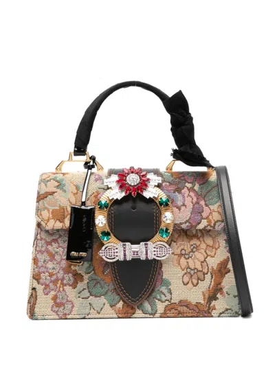 Miu Miu Floral Embellished Shoulder Bag In Neutral